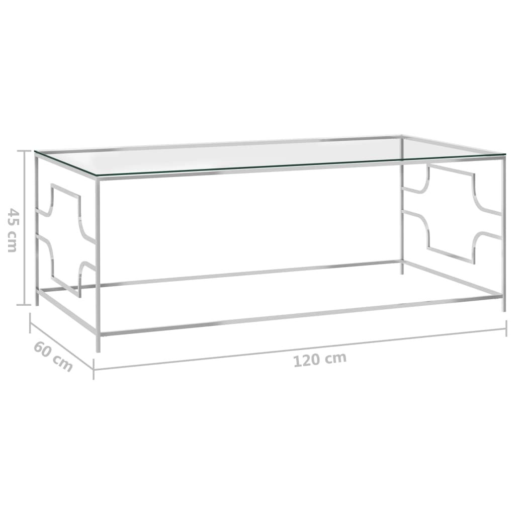 Tavolino da Caffè Argento 120x60x45 cm in Acciaio Inox e Vetro