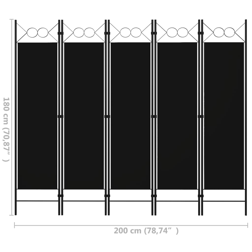 Paravento a 5 Pannelli Nero 200x180 cm