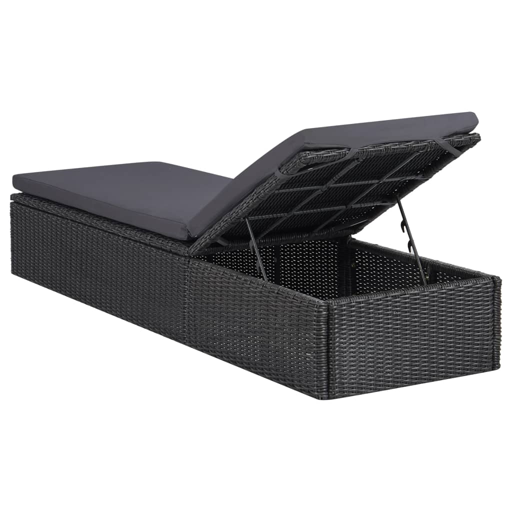 Lettino Prendisole in Polyrattan Nero e Grigio Scuro