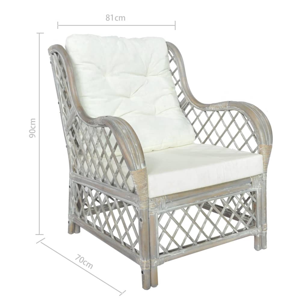 Poltrona con Cuscino Grigio in Rattan Naturale e Lino