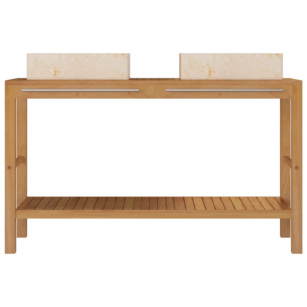 Armadietto da Bagno in Legno di Teak con Lavabi in Marmo Crema