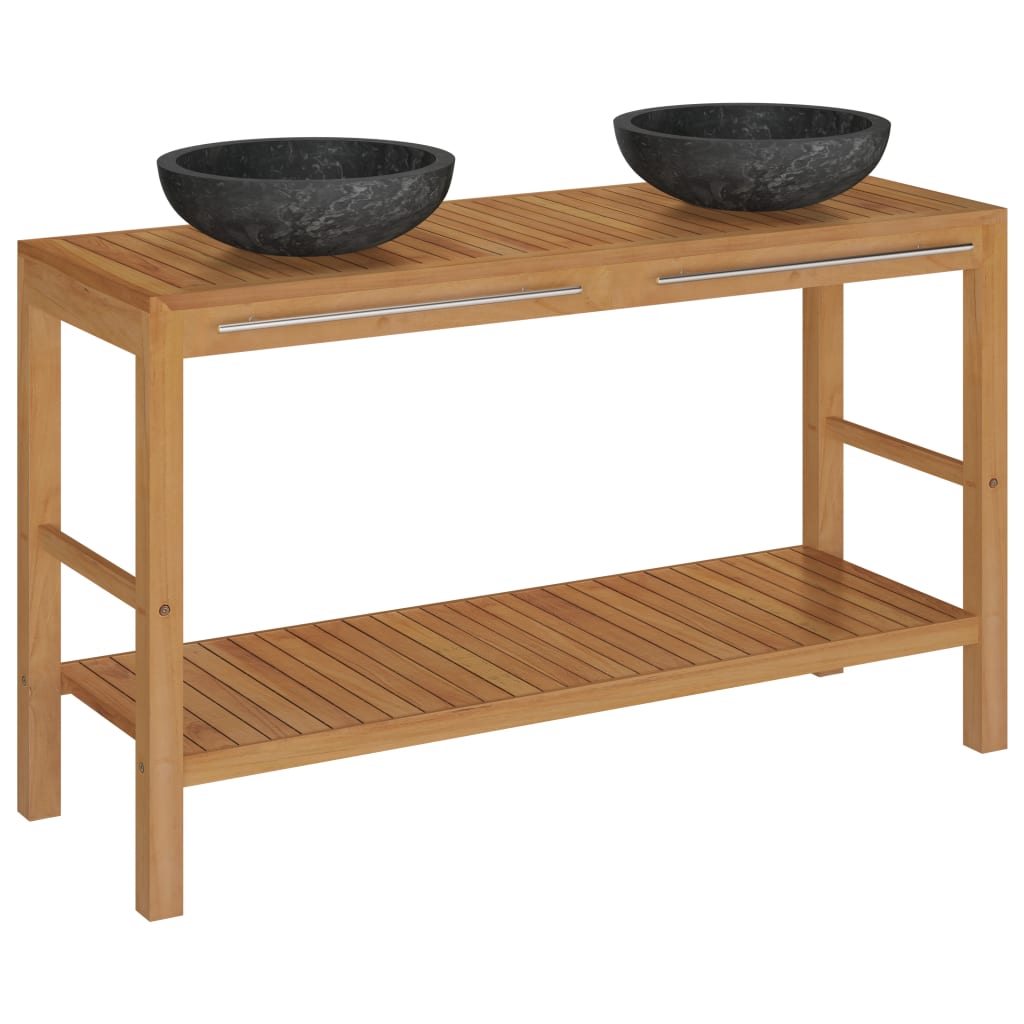 Armadietto da Bagno in Legno di Teak con Lavabi in Marmo Nero