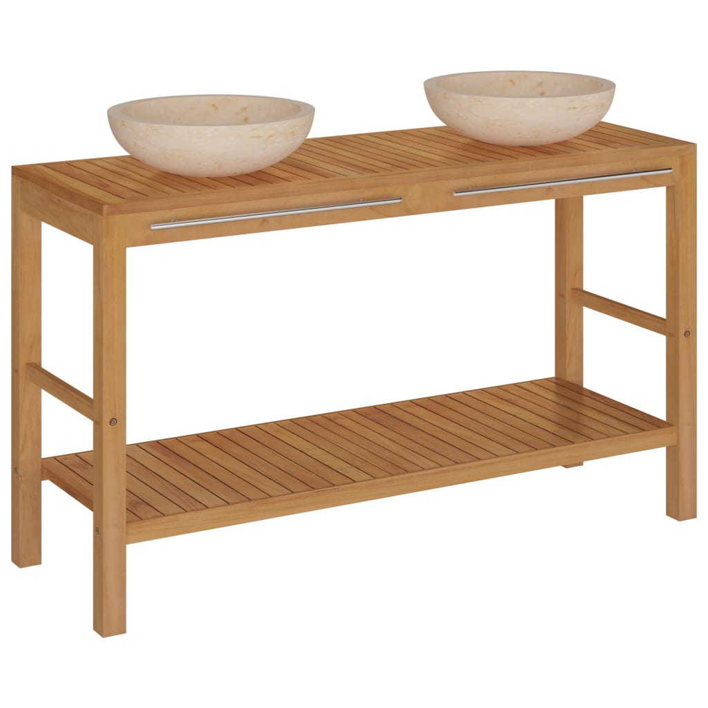 Armadietto da Bagno in Legno di Teak con Lavabi in Marmo Crema