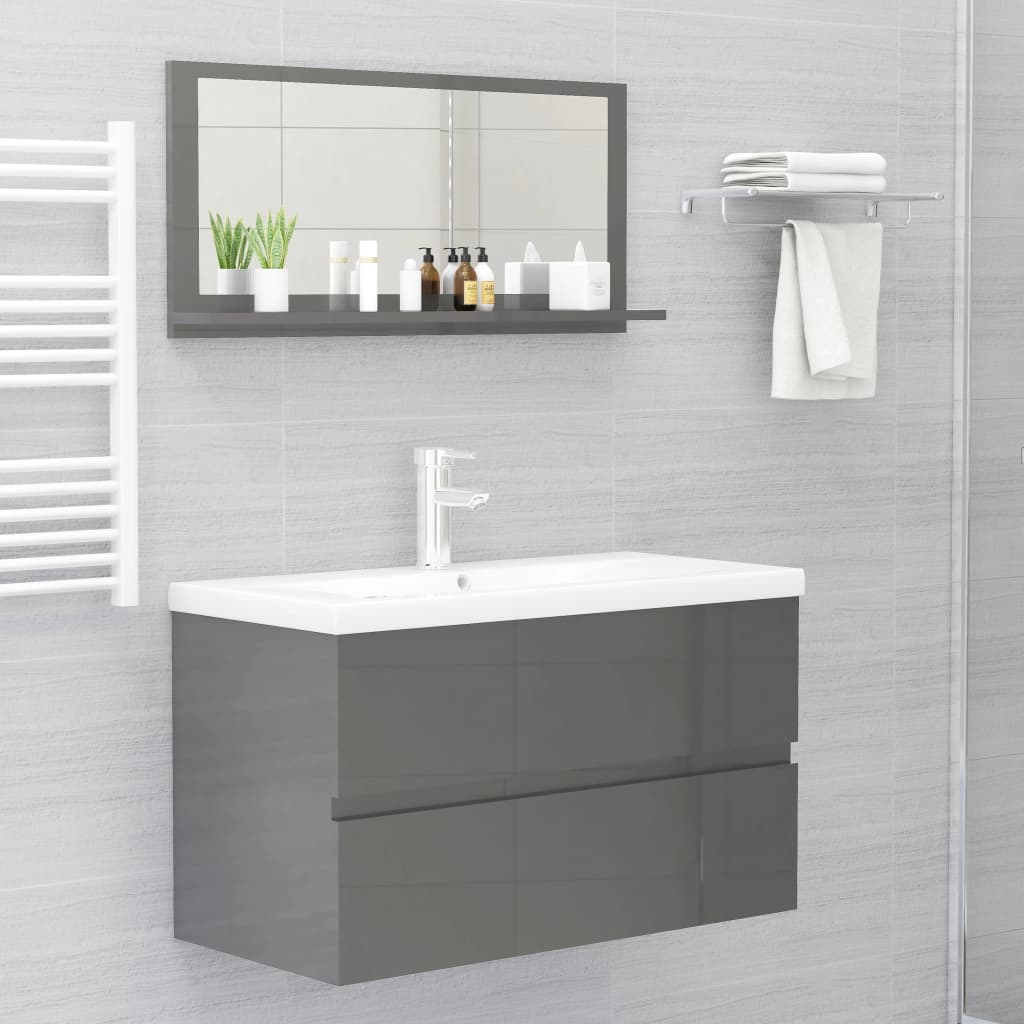 Specchio da Bagno Grigio Lucido 80x10,5x37 cm Legno Multistrato