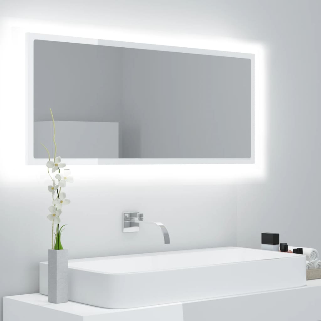 Specchio da Bagno LED Bianco Lucido 100x8,5x37 cm in Acrilico