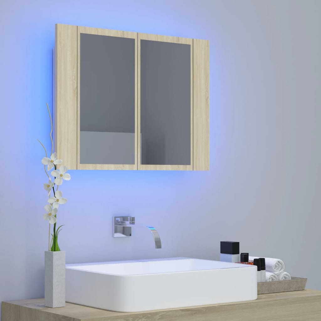 Armadietto a Specchio con Luci LED Rovere Sonoma in Acrilico