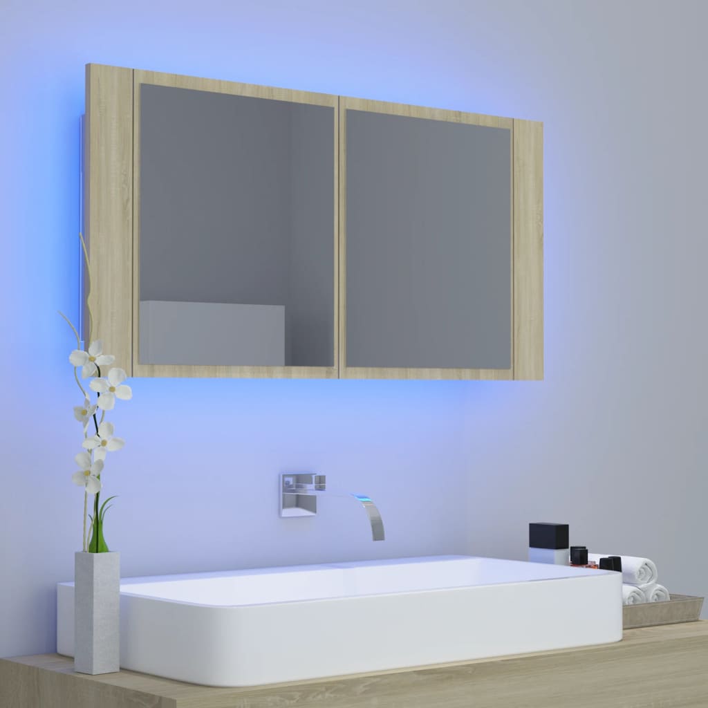 Armadietto a Specchio con Luci LED Rovere Sonoma in Acrilico