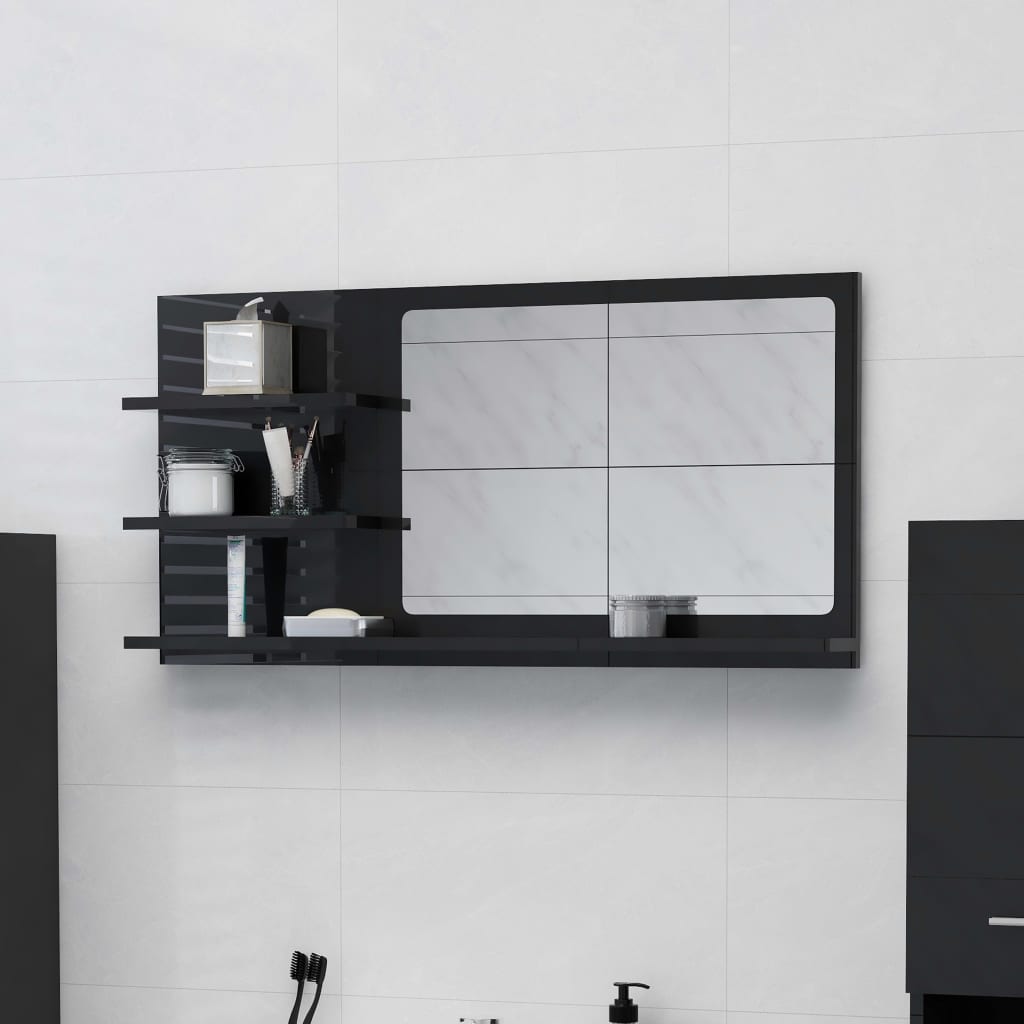 Specchio da Bagno Nero Lucido 90x10,5x45 cm Legno Multistrato