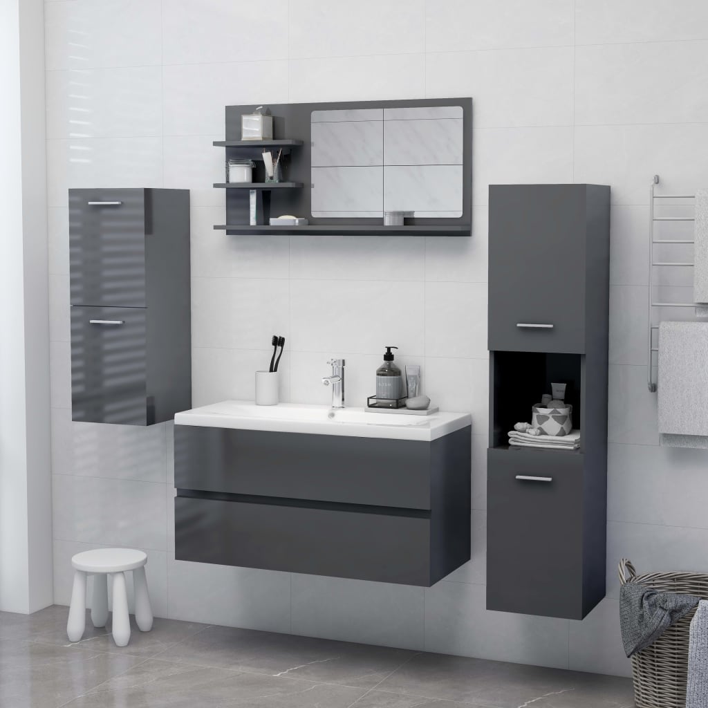 Specchio da Bagno Grigio Lucido 90x10,5x45 cm Legno Multistrato