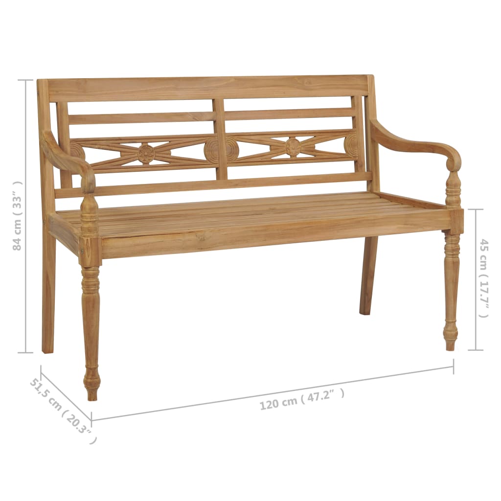 Panca Batavia con Cuscino Bianco Crema 120 cm Massello di Teak