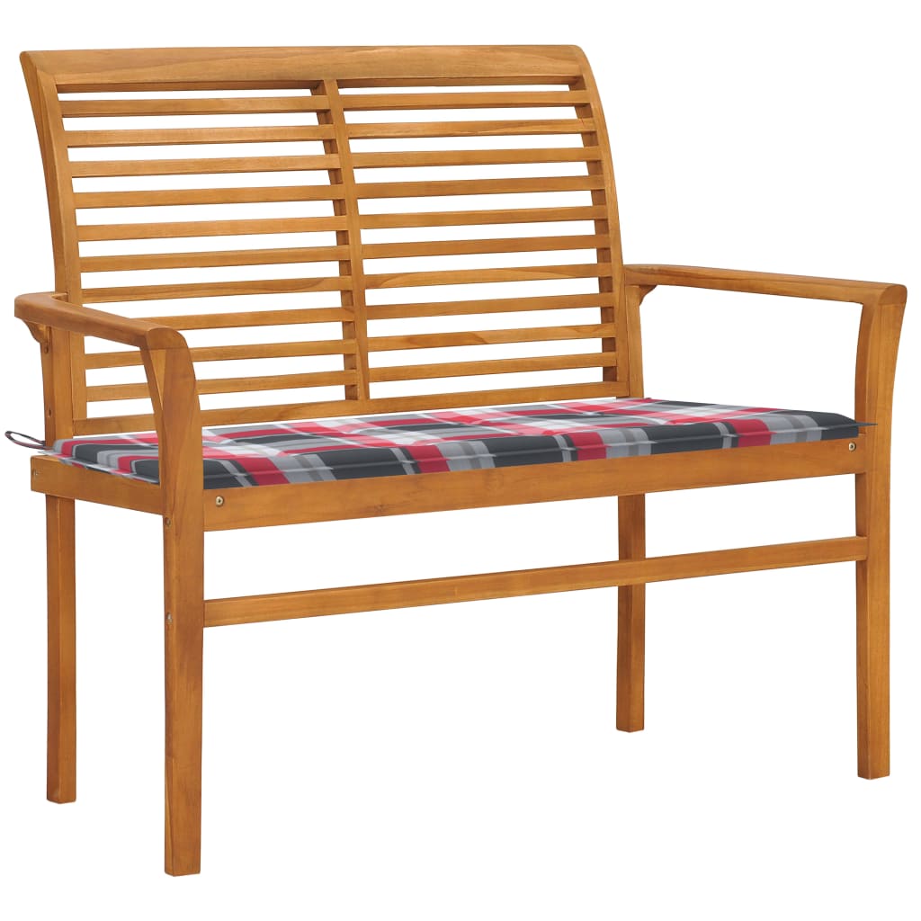 Panca da Giardino con Cuscino Rosso a Quadri 112 cm Legno Teak