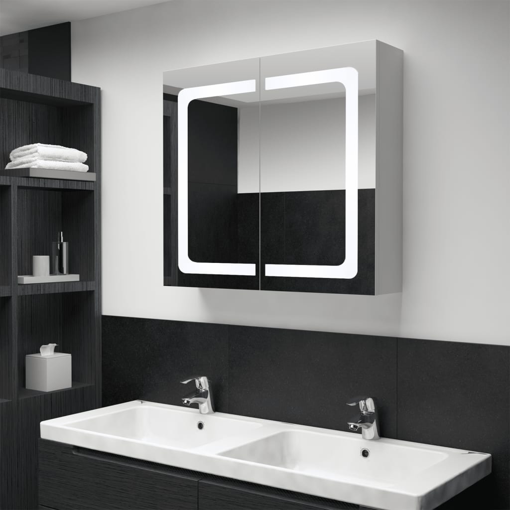 Armadietto Bagno con Specchio e LED 80x12,2x68 cm