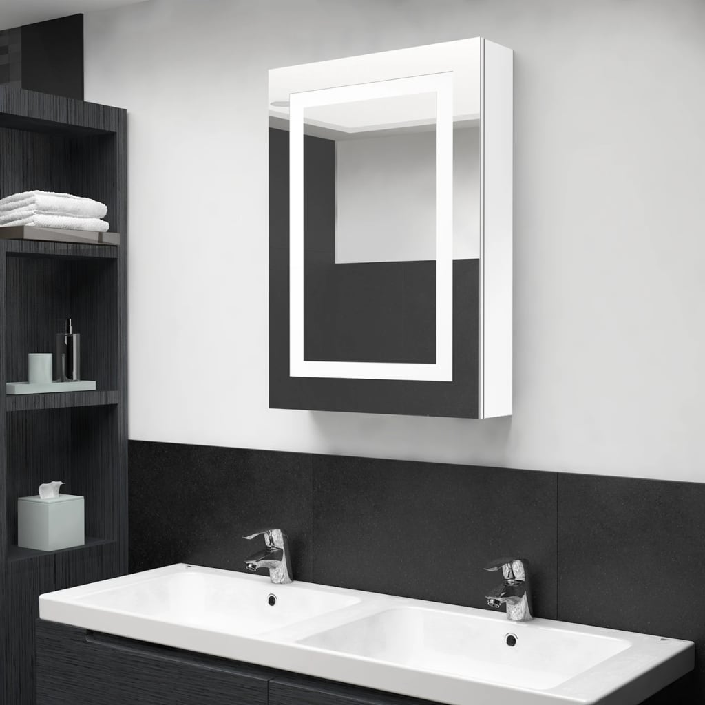 Armadietto Bagno con Specchio e LED Bianco Lucido 50x13x70 cm