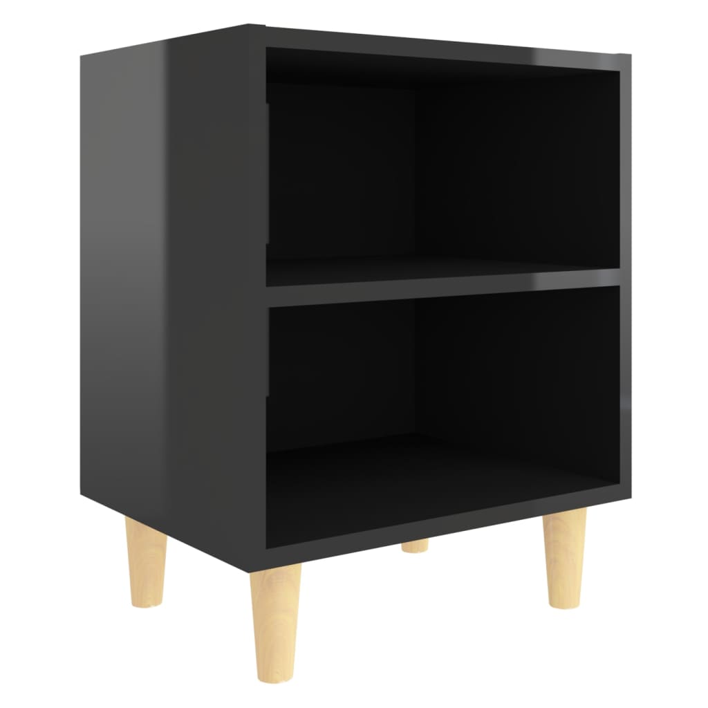 Comodino con Gambe in Legno Massello Nero Lucido 40x30x50 cm