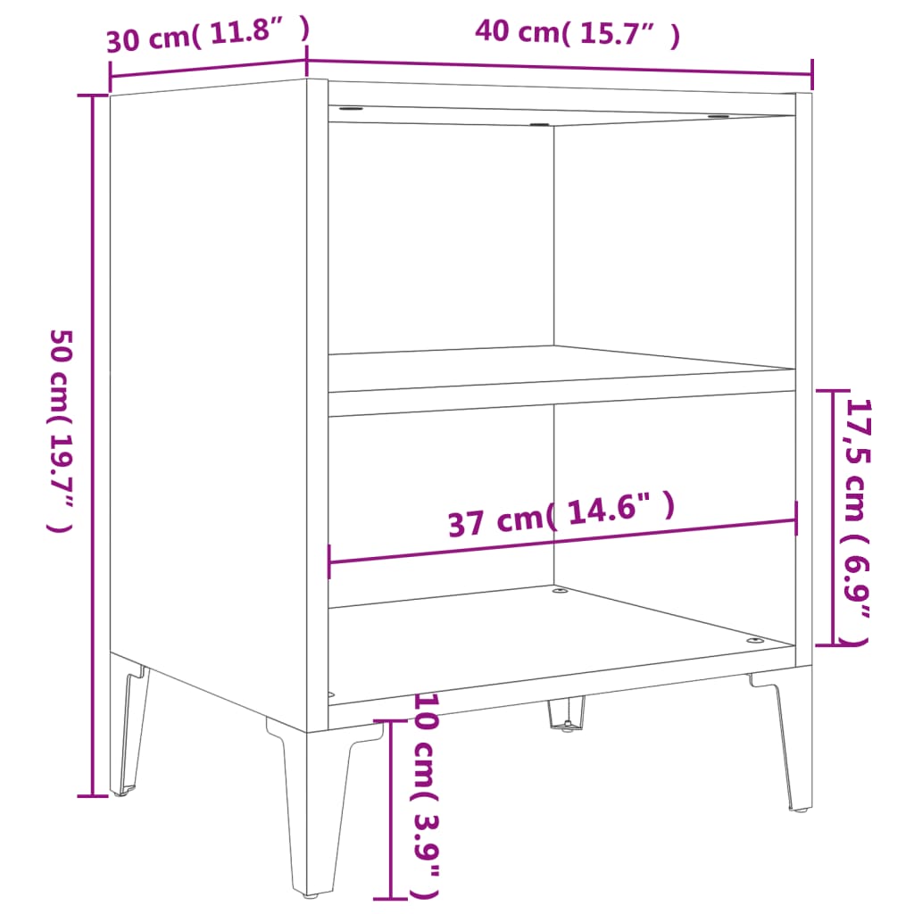 Comodino con Gambe in Metallo Bianco 40x30x50 cm