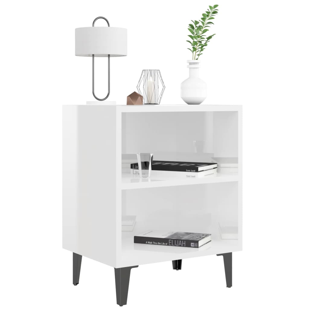 Comodini con Gambe in Metallo 2pz Bianco Lucido 40x30x50 cm