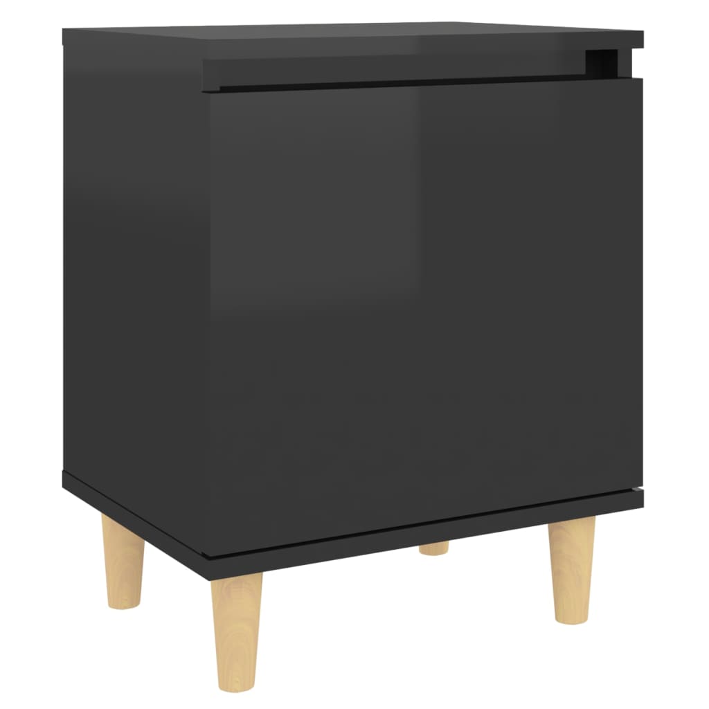 Comodino con Gambe in Legno Massello Nero Lucido 40x30x50 cm