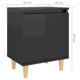 Comodini Gambe in Legno Massello 2pz Nero Lucido 40x30x50 cm