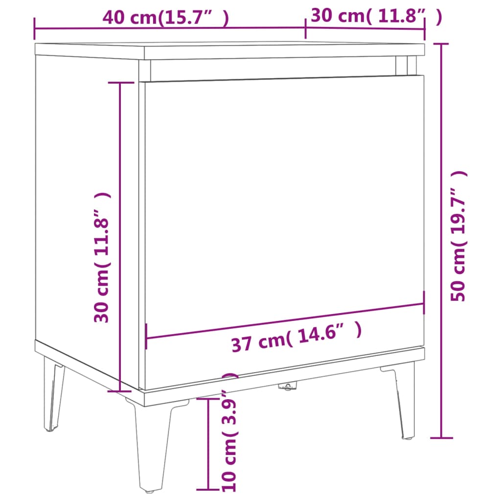 Comodino con Gambe in Metallo Bianco 40x30x50 cm