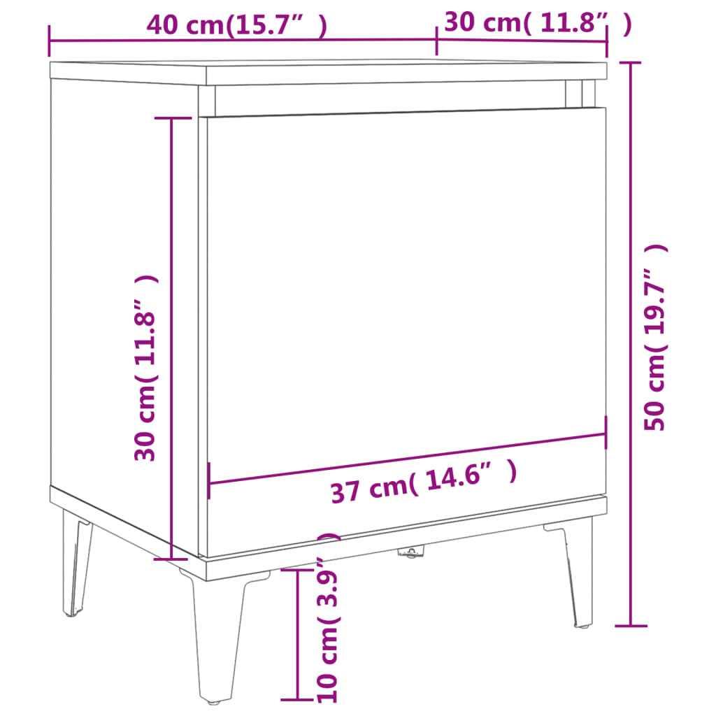 Comodino con Gambe in Metallo Bianco Lucido 40x30x50 cm