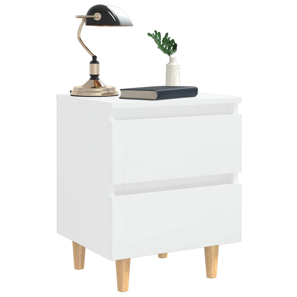 Comodini con Gambe Legno Pino 2pz Bianco Lucido 40x35x50 cm