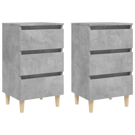 Comodini con Gambe Legno Massello 2pz Grigio Cemento 40x35x69cm