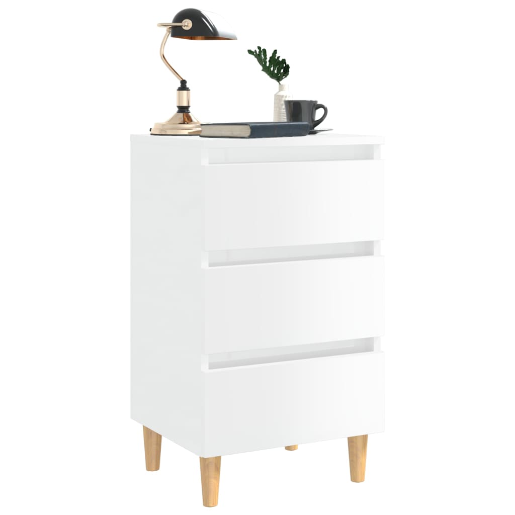 Comodino con Gambe in Legno Massello Bianco Lucido 40x35x69 cm