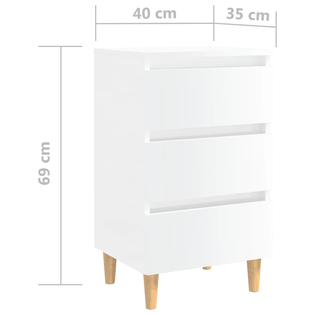 Comodino con Gambe in Legno Massello Bianco Lucido 40x35x69 cm