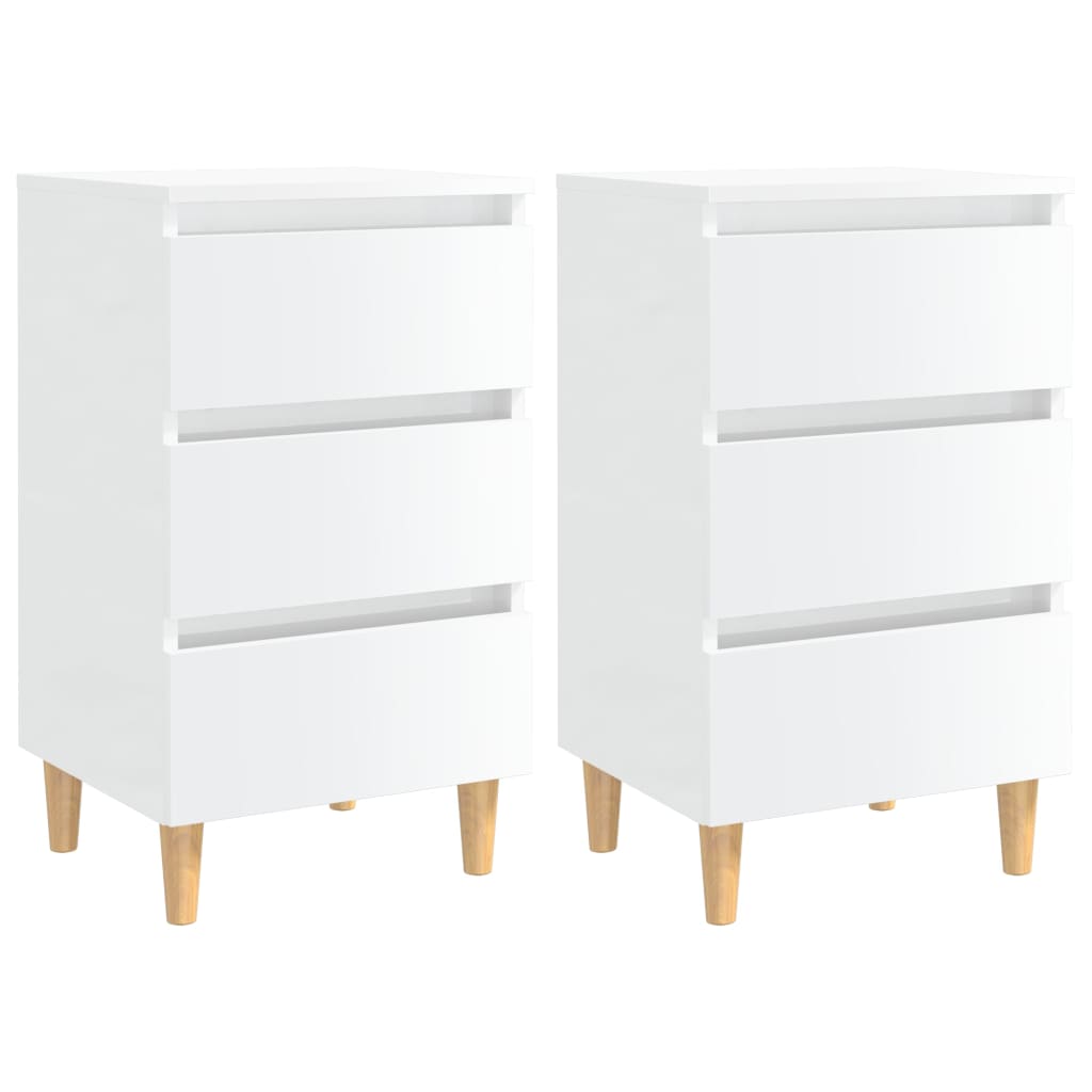 Comodini con Gambe in Legno 2pz Bianco Lucido 40x35x69 cm