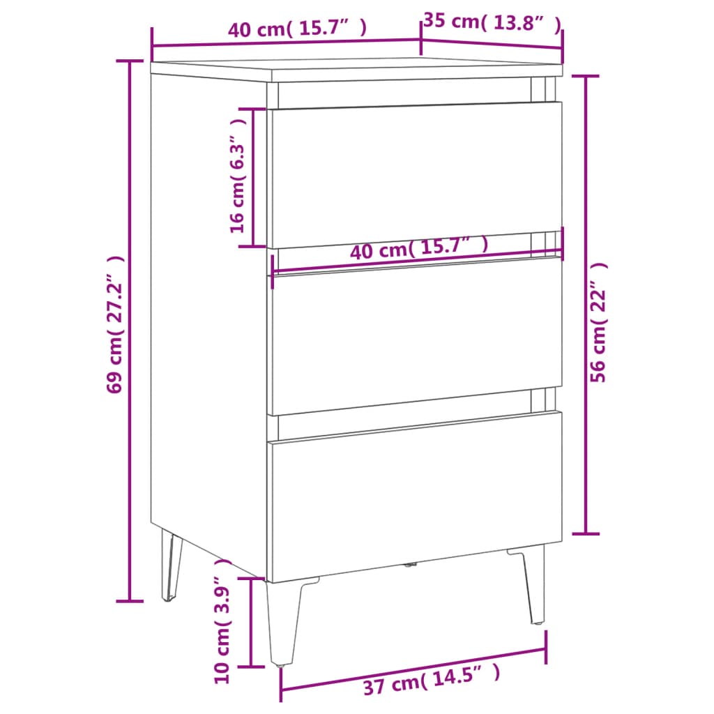 Comodino con Gambe in Metallo Bianco 40x35x69 cm