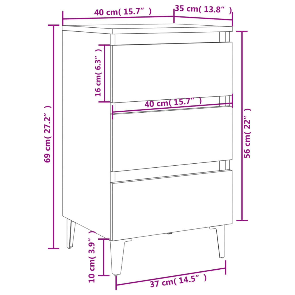 Comodino con Gambe in Metallo Nero 40x35x69 cm