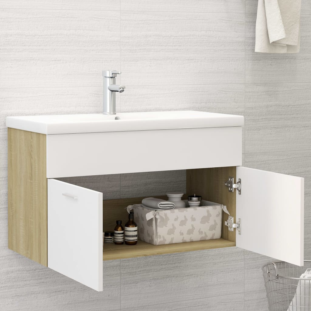 Mobile da Bagno con Lavabo Bianco e Rovere Sonoma in Truciolato