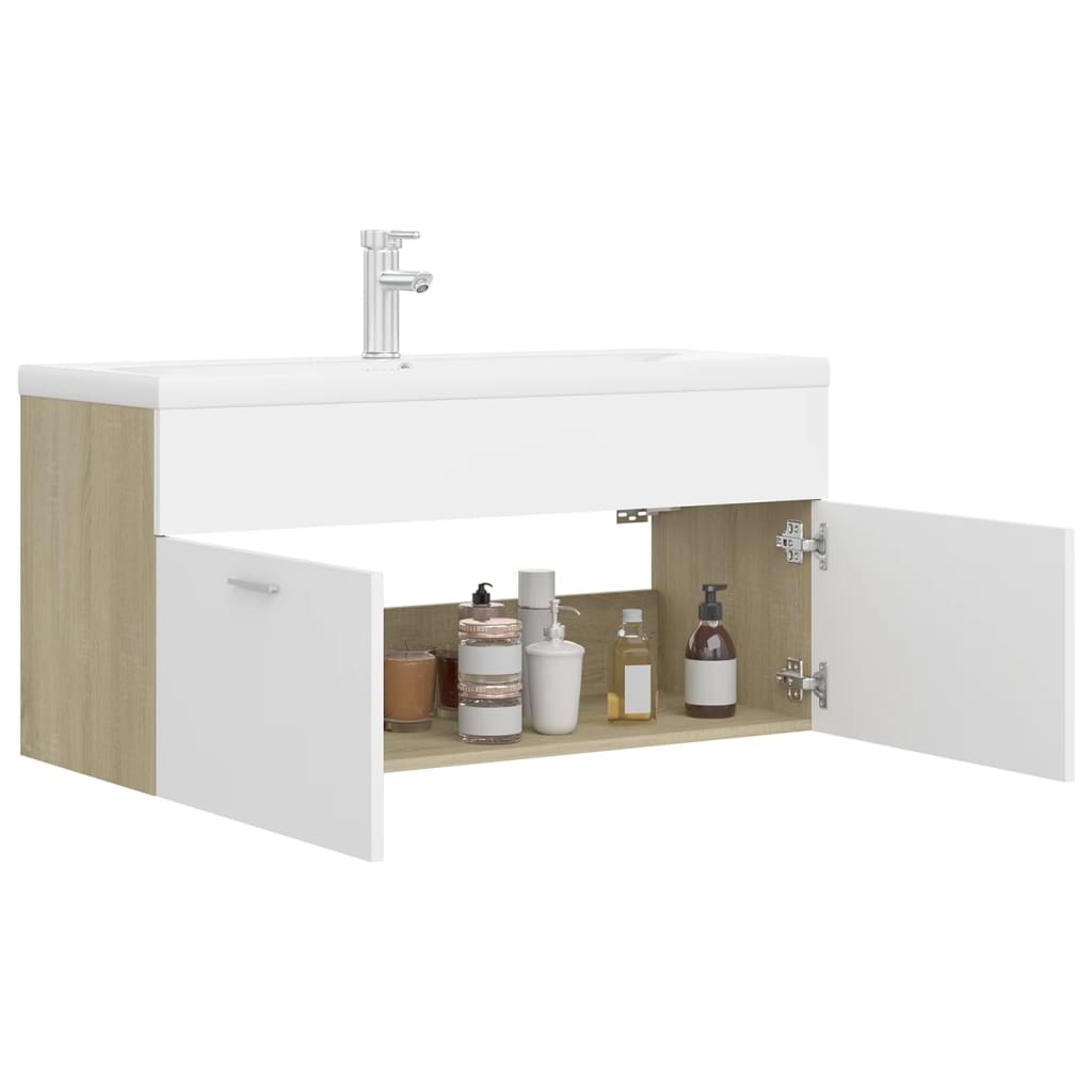 Mobile Lavabo Integrato Bianco Rovere Sonoma Legno Multistrato