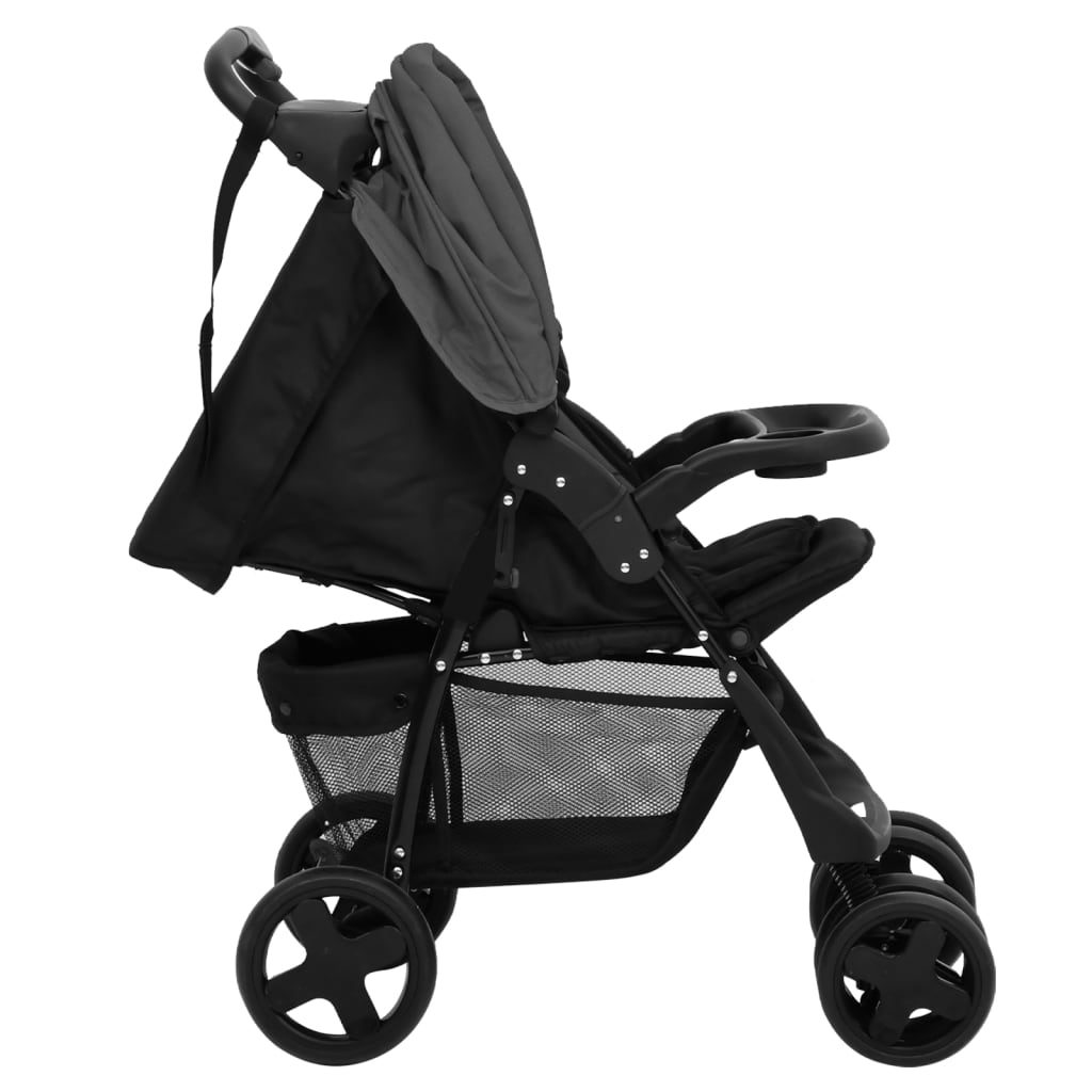 Passeggino 3 in 1 Grigio Scuro e Nero in Acciaio