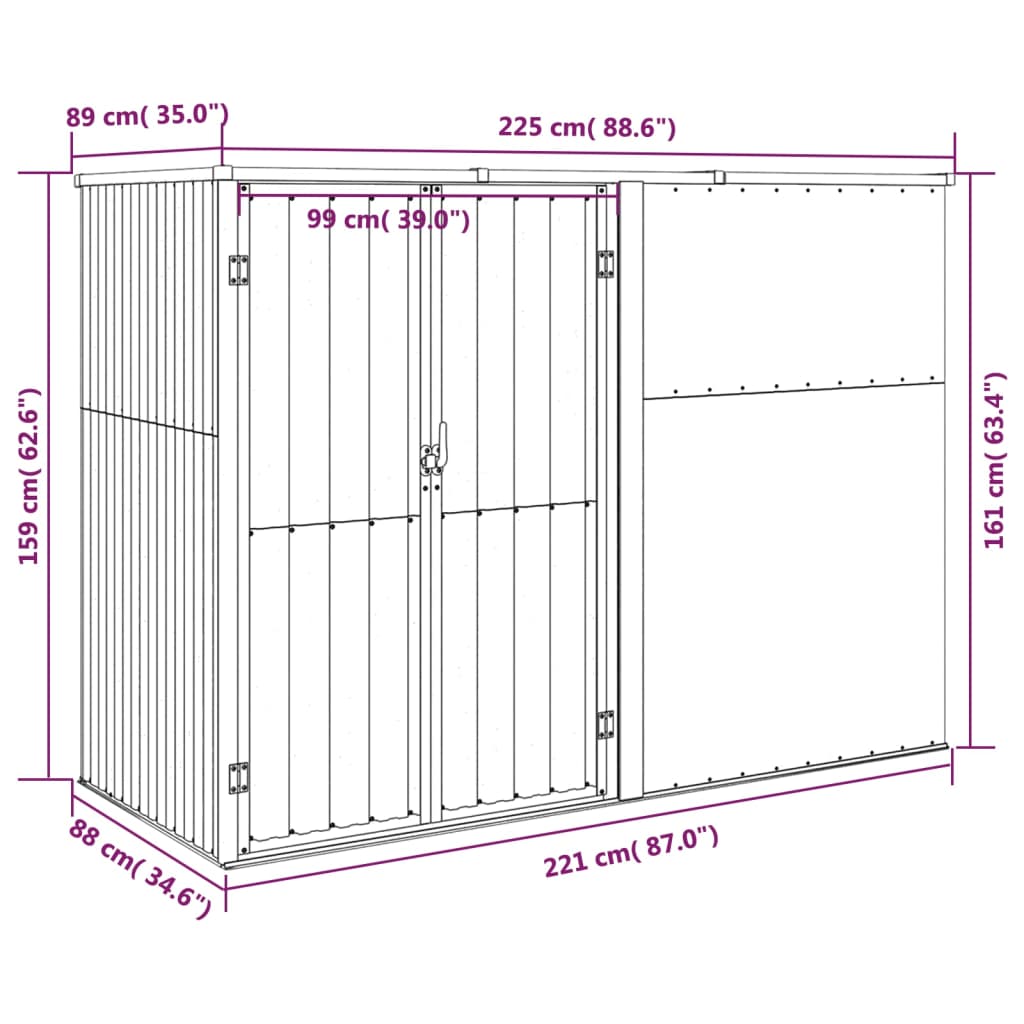 Capanno per Attrezzi Verde 225x89x161 cm in Acciaio Zincato