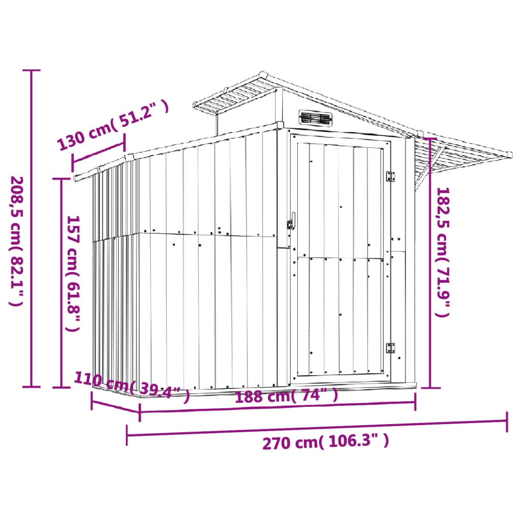 Capanno da Giardino Antracite 270x130x208,5 cm Acciaio Zincato