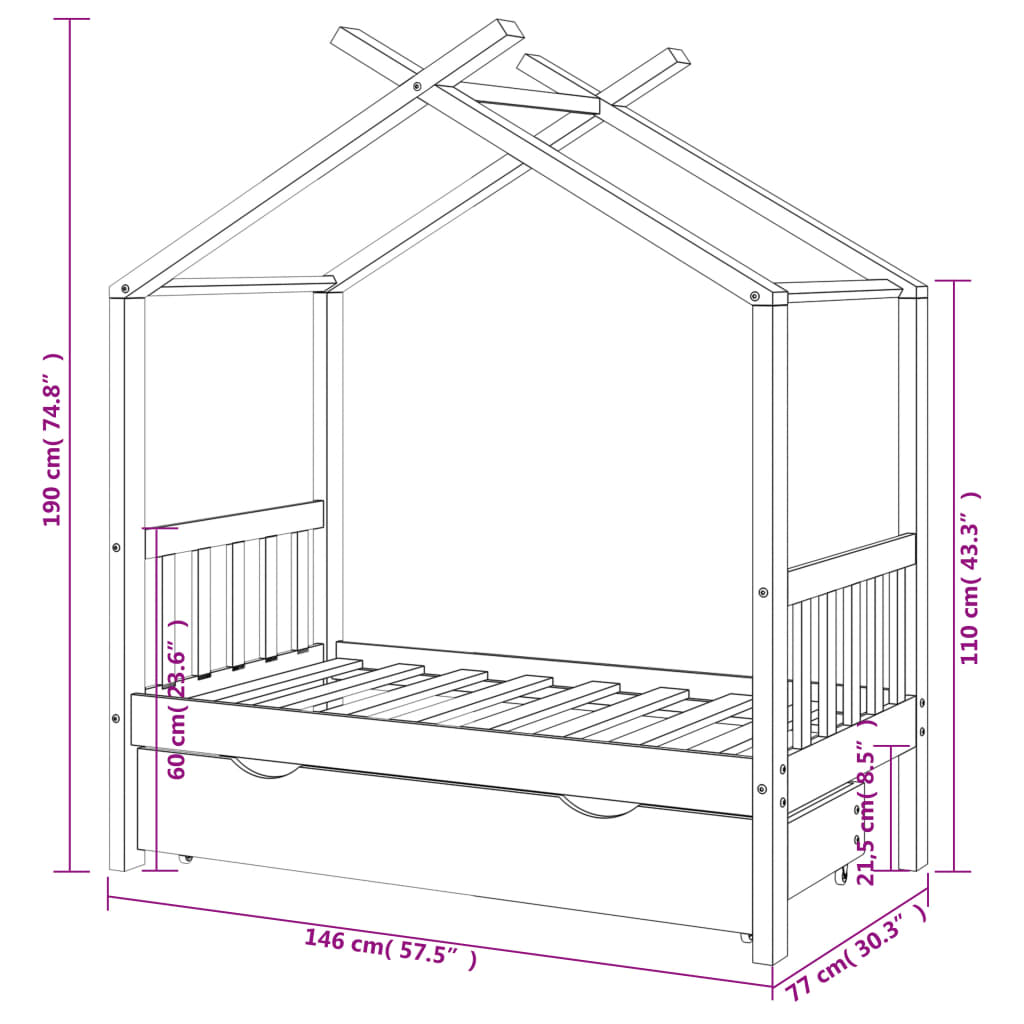 Giroletto Bambini con Cassetto Bianco Legno di Pino 70x140 cm