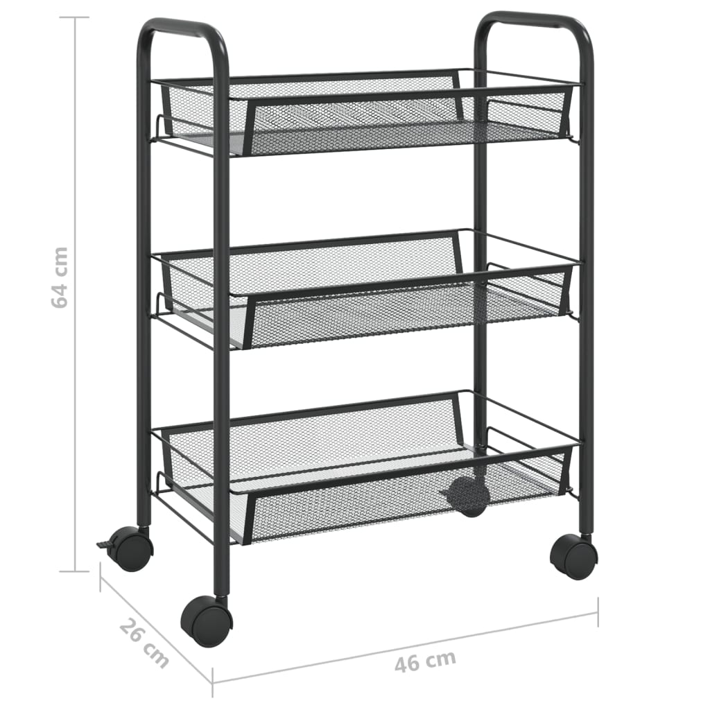 Carrello da Cucina con 3 Ripiani Nero 46x26x64 cm in Ferro