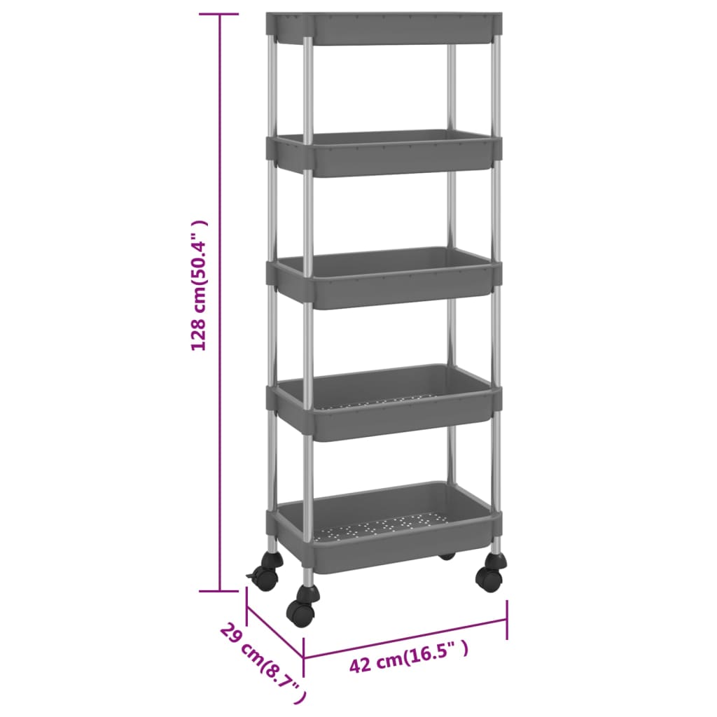 Carrello da Cucina 5 Ripiani Grigio 42x29x128 cm Ferro e ABS