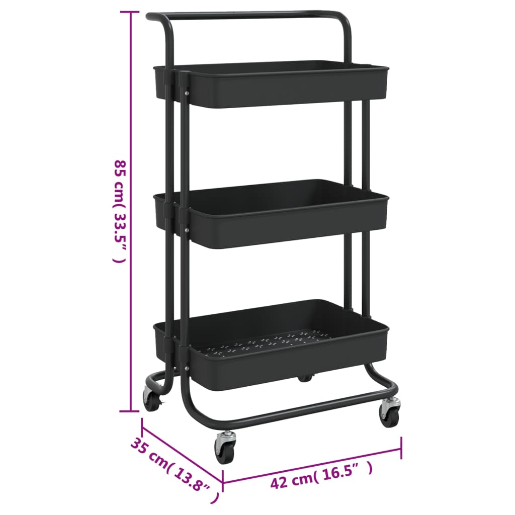 Carrello da Cucina 3 Ripiani Nero 42x35x85 cm Ferro e ABS