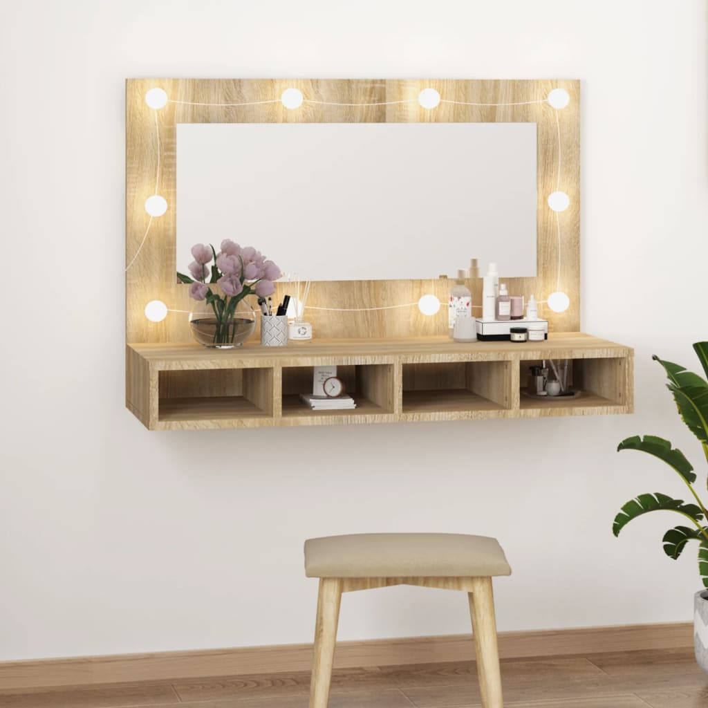 Mobile a Specchio con LED Rovere Sonoma 90x31,5x62 cm