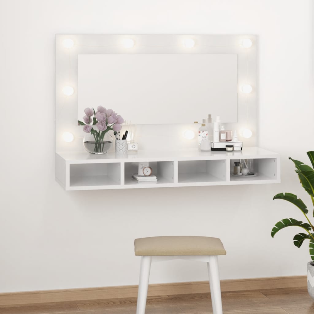 Mobile a Specchio con LED Bianco Lucido 90x31,5x62 cm