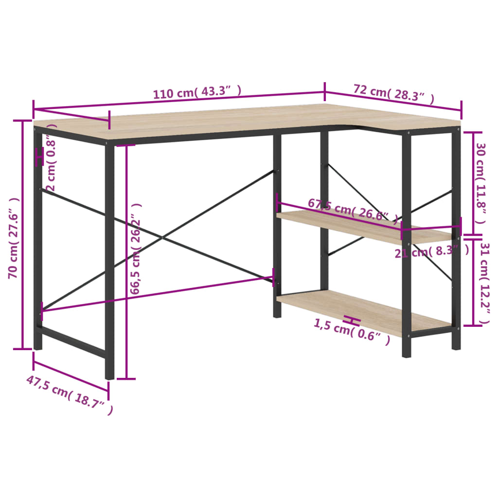 Scrivania Computer Nera e Rovere 110x72x70 Legno Multistrato