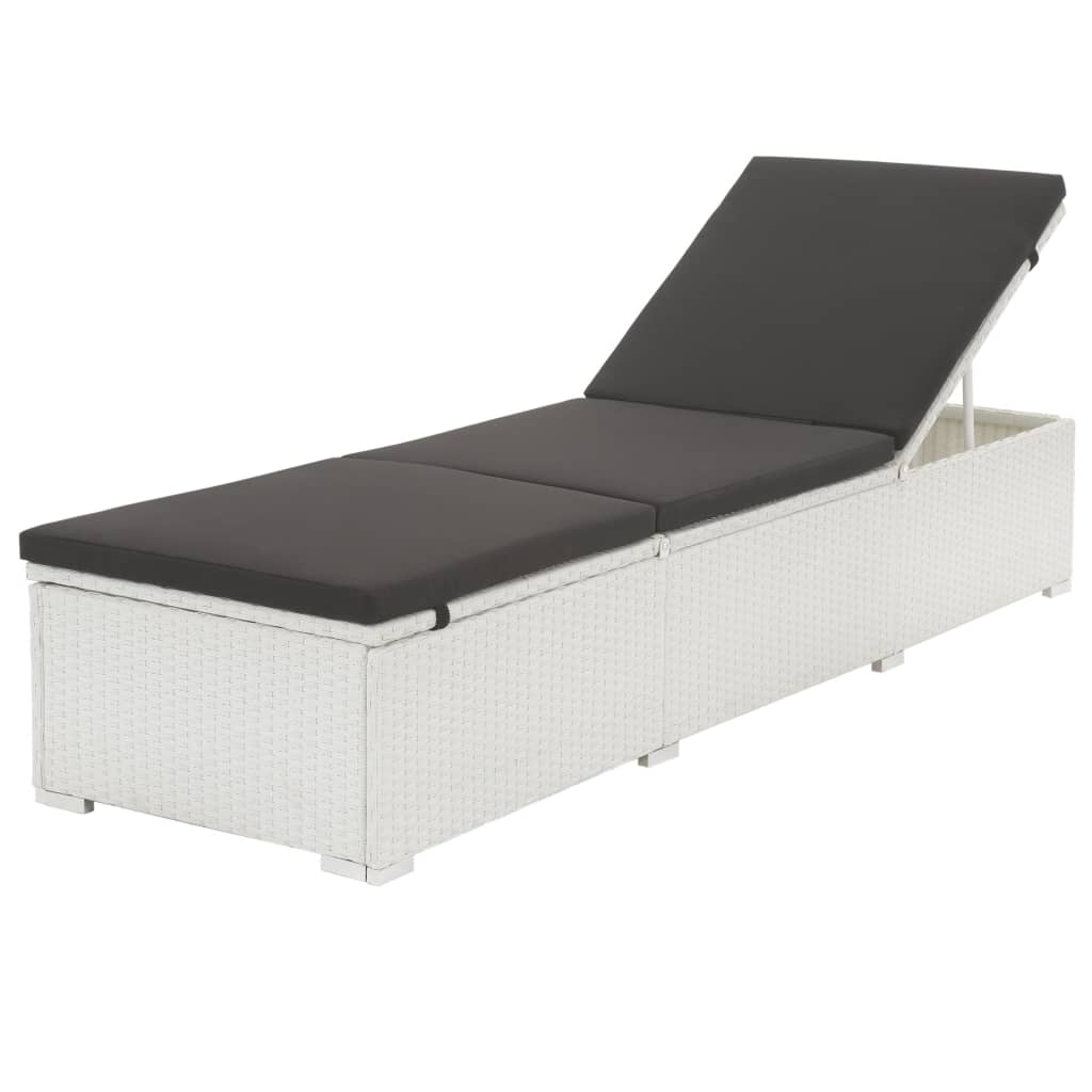 Lettino Prendisole con Cuscino Nero in Polyrattan Bianco