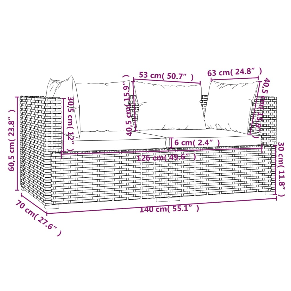 Set Divani da Giardino 3 pz con Cuscini in Polyrattan Nero