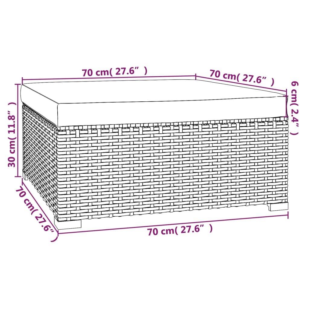 Poggiapiedi Giardino con Cuscino Grigio 70x70x30 cm Polyrattan