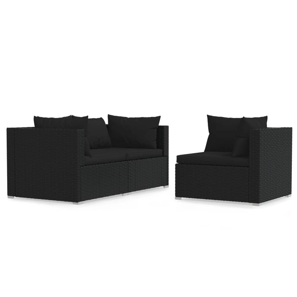 Set Divani da Giardino 3 pz con Cuscini in Polyrattan Nero