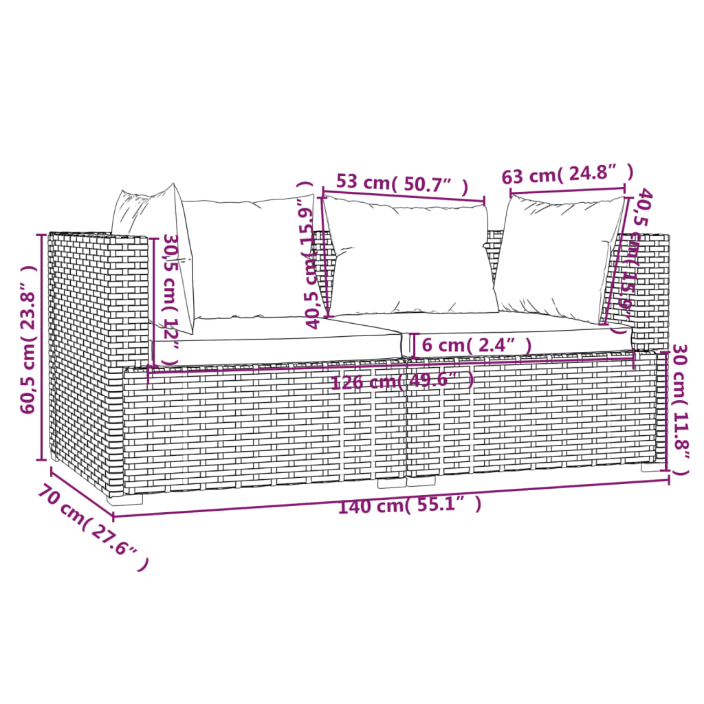 Set Divani da Giardino 3 pz con Cuscini in Polyrattan Nero