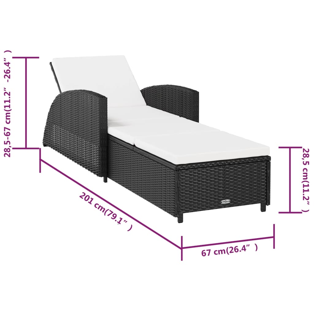 Lettino Prendisole con Cuscino Bianco Crema in Polyrattan Nero