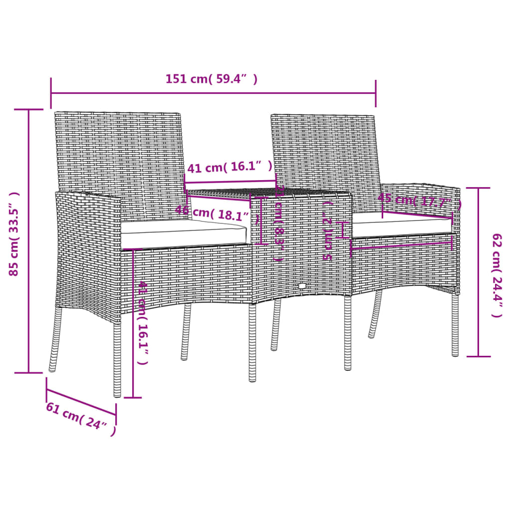 Divano da Giardino 2 Posti con Tavolino in Polyrattan Antracite